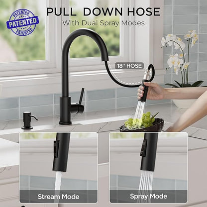FORIOUS Black Kitchen Faucet with Pull Down Sprayer, Modern Single Hole Kitchen Sink Faucet with Soap Dispenser, Deck Plate, Single Handle, High Arc Stainless Steel for RV Farmhouse Laundry Outdoor