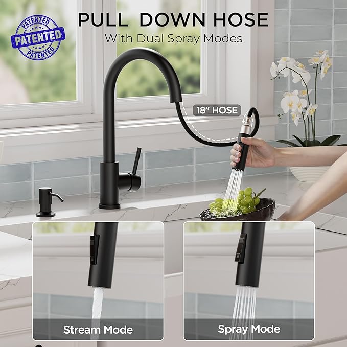 FORIOUS Black Kitchen Faucet with Pull Down Sprayer, Classic Single Hole Kitchen Sink Faucet with Deck Plate, Single Handle, High Arc Stainless Steel, Fit for RV Bar Farmhouse Laundry Outdoor