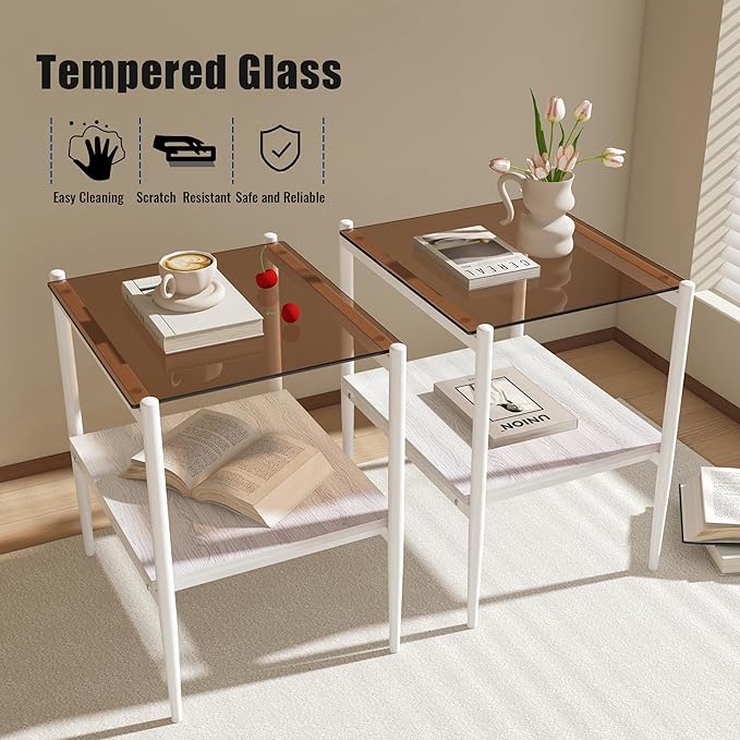 Set of 2 Glass End Table, 2-Layer Glass Living Room Table, Modern Tea Table Side Tables for Home Office Furniture
