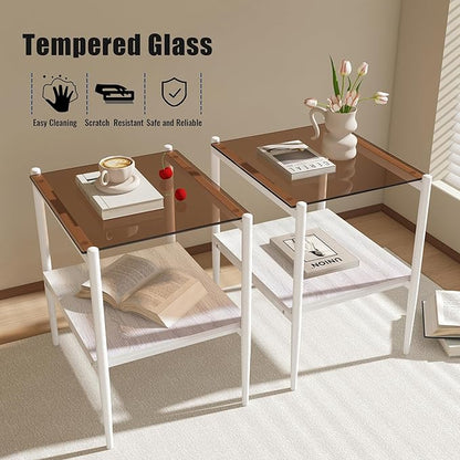 Set of 2 Glass End Table, 2-Layer Glass Living Room Table, Modern Tea Table Side Tables for Home Office Furniture