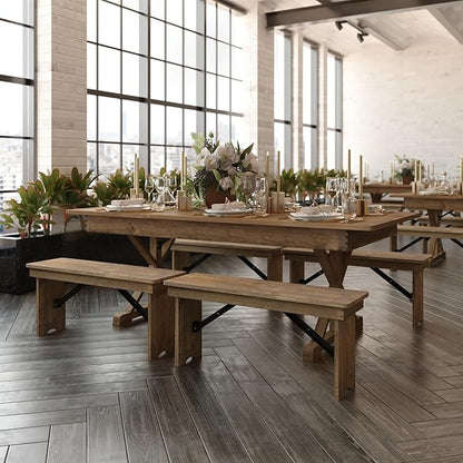 Flash Furniture Hercules Folding Farmhouse Dining Room Table with X Legs, Commercial Grade Rectangular Solid Pine Farm Table for 8, 7' x 40", Antique Rustic