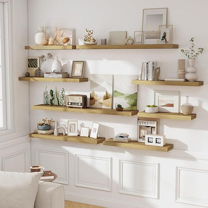 Fun Memories Floating Shelves for Wall, 32W x 8D Floating Wall Shelves with Invisible Brackets Set of 2, Hanging Rustic Wood Shelf Decoration for Bedroom, Bathroom, Living Room and Kitchen, Oak
