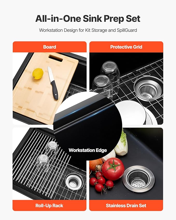 VEVOR 33 inch Kitchen Sink Workstation, Top Mount Granite Sinks, Drop-In Single Bowl Farmhouse Basin with Multiple Accessories, Household Dishwasher Sinks (19"D x 33"W x 10"H)