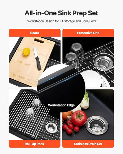 VEVOR 33 inch Kitchen Sink Workstation, Top Mount Granite Sinks, Drop-In Single Bowl Farmhouse Basin with Multiple Accessories, Household Dishwasher Sinks (19"D x 33"W x 10"H)