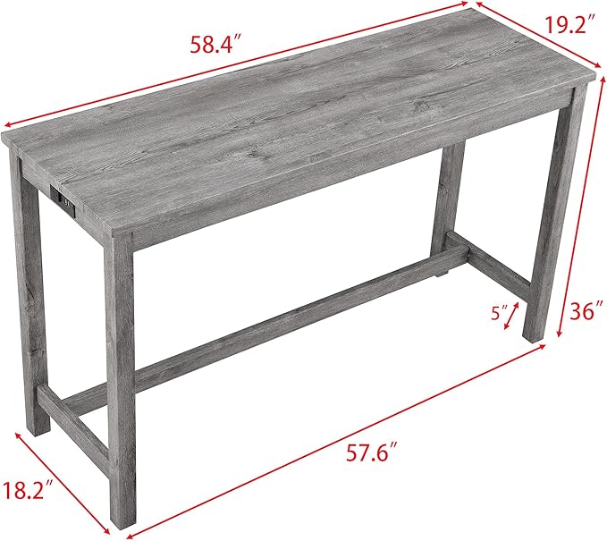4-Piece Farmhouse Kitchen Table Stool Set with Power Outlets, Industrial Dining Tables with 3 Upholstered Stools, Wooden Counter Table Chairs w/Charging Station&2 USB Ports, Gray+Gray