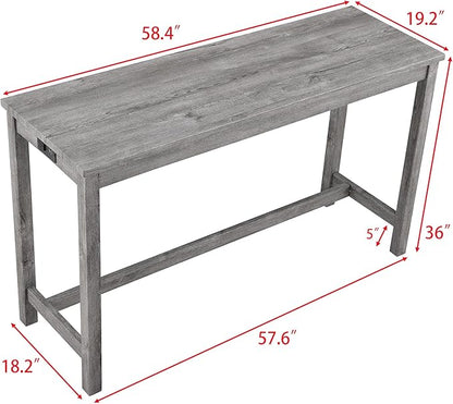 4-Piece Farmhouse Kitchen Table Stool Set with Power Outlets, Industrial Dining Tables with 3 Upholstered Stools, Wooden Counter Table Chairs w/Charging Station&2 USB Ports, Gray+Gray