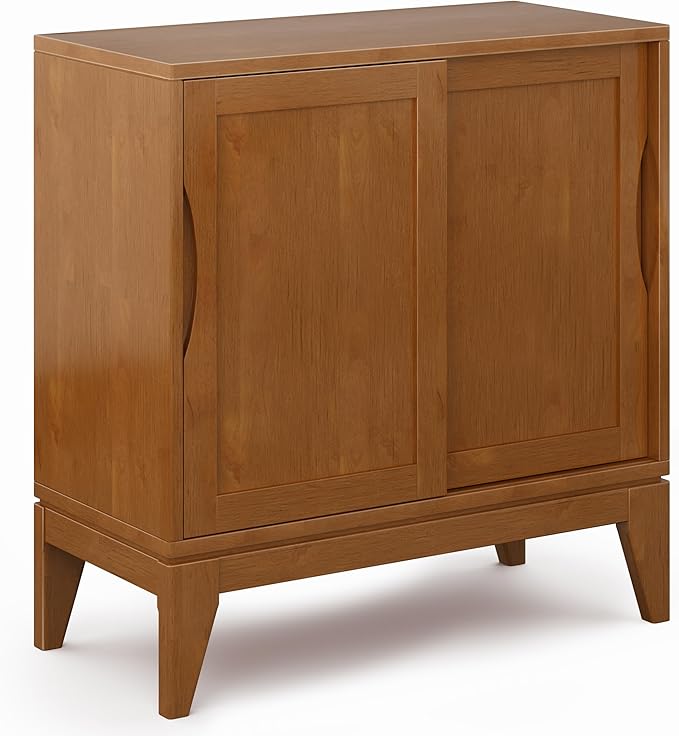SIMPLIHOME Harper Storage Cabinet - 30 inch Wide Solid Hardwood 2-Shelf Low Console Cabinet in Teak Brown, Mid-Century Modern Cupboard for Living Room with Sliding Doors and Adjustable Shelves