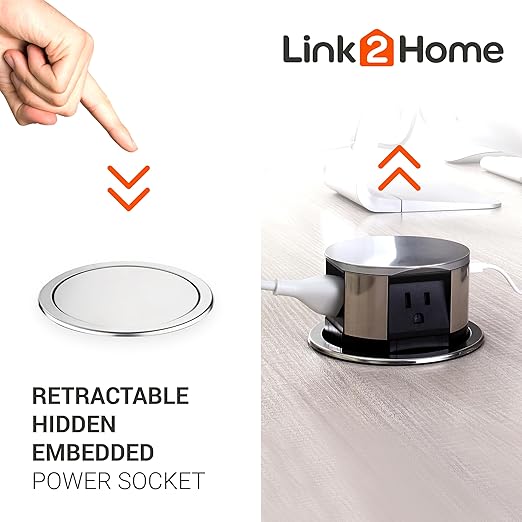 Link2Home Space Saver Pop Up-Outlet, 3 Power Outlets 15 Amp, 2 USB Ports 2.4 Amp, Overload Protection, Splash Resistant EM-PU-100E