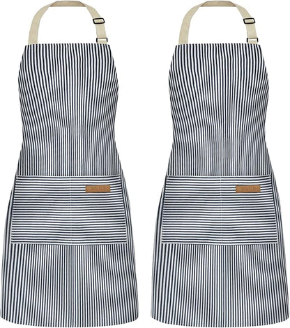 NLUS 2 Pack Cooking Aprons for Women with Pockets, Adjustable Kitchen Bib Aprons Chef Aprons for Women Men(Blue Pinstripes)