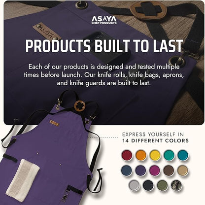 Asaya Chef and BBQ Apron with Bottle Opener and Hand Towel - 10oz Cotton Canvas, Stainless Steel Hardware - Cross Back Straps