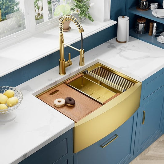30" Luxury Gold Farmhouse Sink – ALWEN 16 Gauge Workstation Apron Front Sink, 10" Depth Single Bowl with R10 Radius & Accessories
