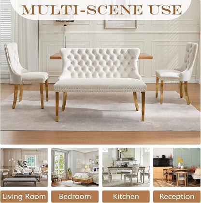 45.6in Upholstered Dining Bench, Mid-Century Modern Kitchen Room Bench with Tufted Back and Metal Legs, Velvet Small Sofa Couch Banch, Beige