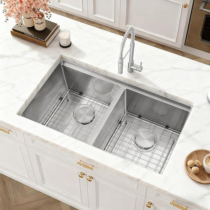 31 Inch Sink Undermount Double Bowl, 16 Gauge 50/50 Double Bowl Stainless Steel Workstation Sink, 31"x18"x9" Large and Deep Kitchen Sink With Accessories