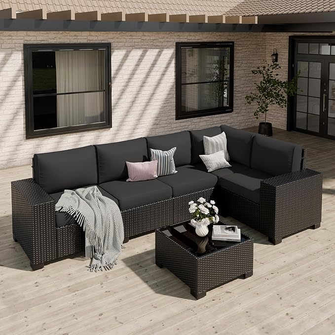 Patio Furniture Set, Wide Armrest Outdoor Furniture Set with Thick Cushions, 6 Piece Wicker Rattan Patio Sectional Sofa for Backyard, Poolside, Garden