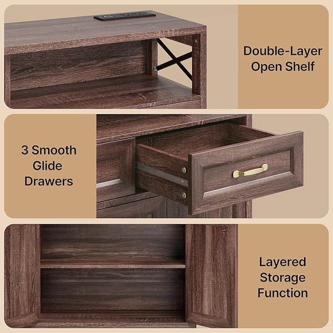 Ahomly 51" Buffet Cabinet with Adjustable Storage, Charging Port - 3 Drawers & 4 Doors Large Sideboard, Multi - Scene Coffee Bar/Microwave Stand for Kitchen,Living Room,Entryway（Brown）