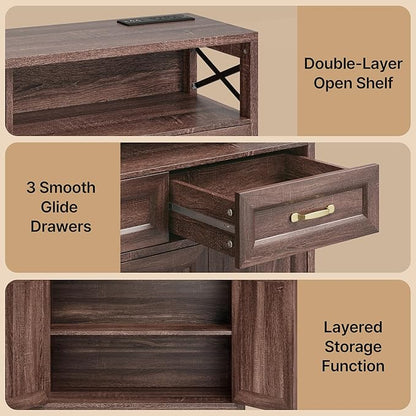 Ahomly 51" Buffet Cabinet with Adjustable Storage, Charging Port - 3 Drawers & 4 Doors Large Sideboard, Multi - Scene Coffee Bar/Microwave Stand for Kitchen,Living Room,Entryway（Brown）