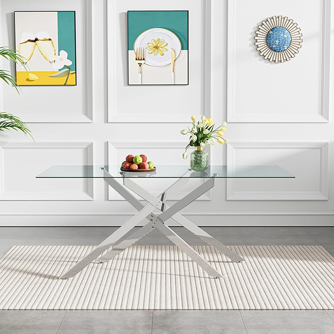 60" Glass Dining Table Modern Kitchen Table for 4-6 People, Contemporary Rectangular Dining Room Dinner Tables with Clear Glass Top & Silver Metal X Legs for Kitchen Apartment