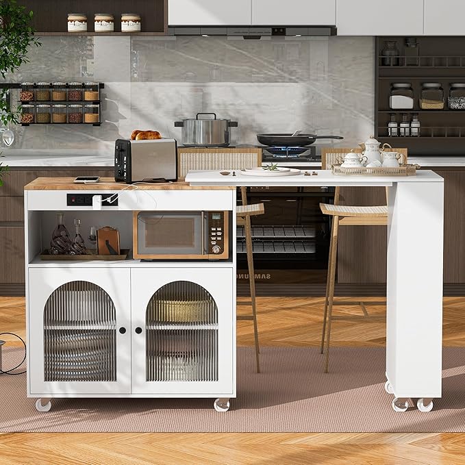 Modern Dining Table with Kitchen Island on Wheels Expandable Wood Table with Counter Console Living Room Luxury Decor,White-MDF