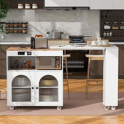 Modern Dining Table with Kitchen Island on Wheels Expandable Wood Table with Counter Console Living Room Luxury Decor,White-MDF
