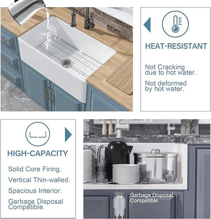 White Farmhouse Sink 30 x 18 Inch, Firecaly Apron Front Undermount Farm Kitchen Sink Single Bowl, with Custom Accessories 2 Types, for Kitchen, Laundry, Small Space