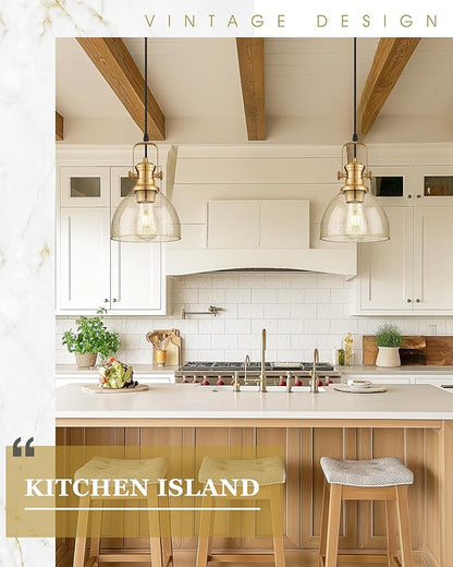 2-Pack Pendant Lights Kitchen Island, 7.5" Farmhouse Pendant Lighting with Amber Seeded Glass Shade, Hanging Light Fixtures for Dining Room, Brushed Gold, AD-22151-1P2-GD-OR