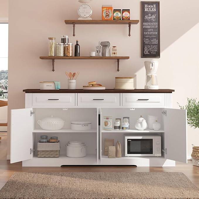 63" Large Buffet Sideboard with Storage, 32" Tall Kitchen Buffet Storage Cabinet with 3 Drawers, Modern Coffee Bar Cabinet with Handles, Long Sideboard Buffet Table for Kichen, Living Room (White-01)