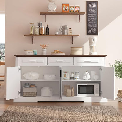 63" Large Buffet Sideboard with Storage, 32" Tall Kitchen Buffet Storage Cabinet with 3 Drawers, Modern Coffee Bar Cabinet with Handles, Long Sideboard Buffet Table for Kichen, Living Room (White-01)