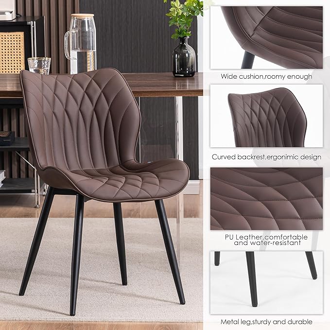 Kidol & Shellder Dining Chairs Set of 2, PU Leather Upholstered Kitchen Chairs with Back Armless, Mid Century Modern Side Chair for Dining Room, Living Room, Lounge, Restaurant, Brown