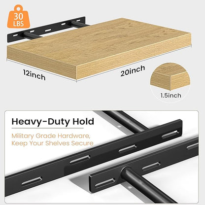 Floating Shelves Set of 2, 12 Inch Deep Floating Shelves with Heavy Duty Brackets, 20'' Rustic Wood Wall Mounted Shelf for Bathroom, Bedroom, Living Room & Kitchen, Modern Home Decor Storage, Oak