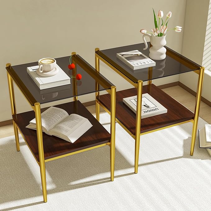 Set of 2 Glass End Table, 2-Layer Glass Living Room Table, Modern Tea Table Side Tables for Home Office Furniture