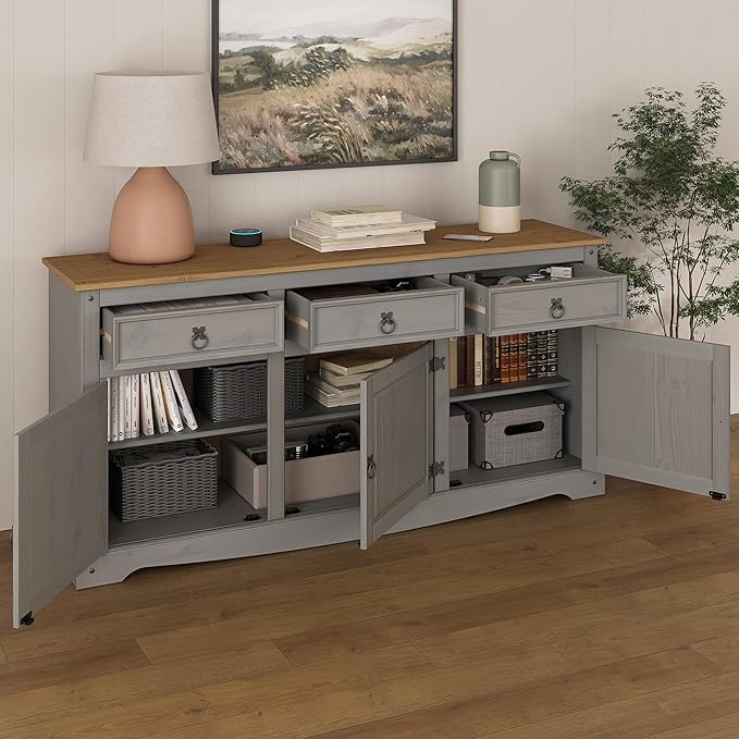 Furniture Dash Solid Wood Sideboard Buffet 65.9" W, 16.9" D, 31.6" H - Wooden Storage Cabinet, Cupboard Console Table, Ideal for Living Room, Kitchen Island, Dining Room
