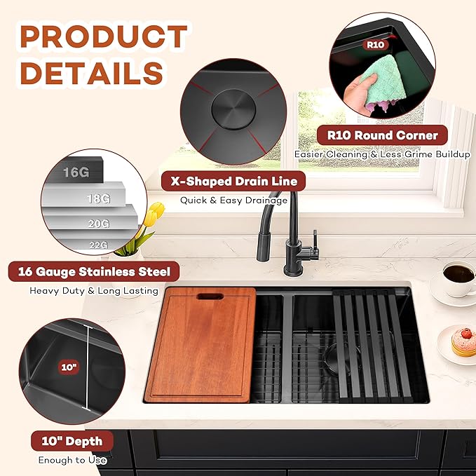 LQS Black Undermount Kitchen Sink, 31 Inch Double Kitchen Sink Stainless Steel 16 Gauge, 10” Depth Workstation Kitchen Sink with Built-In Ledge for Convenient Kitchen and Cooking Life