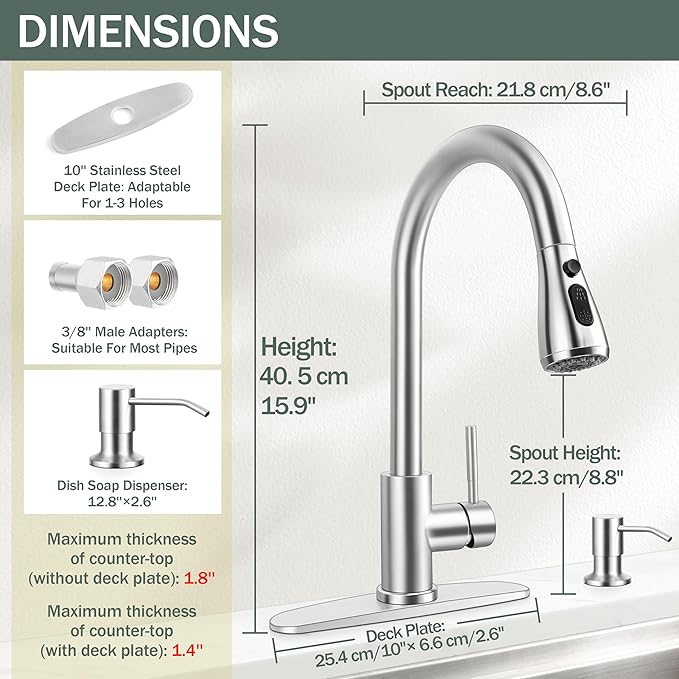 Herogo Brushed Nickel Kitchen Sink Faucet Set with Pull Down Sprayer and Soap Dispenser, Stainless Steel Rv Outdoor Kitchen Faucet for 1-3 Hole with Pop Up Drain, Deck Plate and Supply