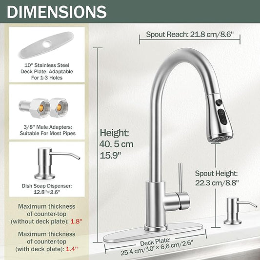 Herogo Brushed Nickel Kitchen Sink Faucet Set with Pull Down Sprayer and Soap Dispenser, Stainless Steel Rv Outdoor Kitchen Faucet for 1-3 Hole with Pop Up Drain, Deck Plate and Supply
