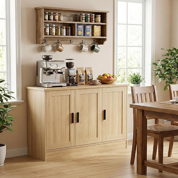 Anystyle 43" Oak Buffet Cabinet with Black Handles, Small Kitchen Sideboard with 3 Doors & Adjustable Shelves, Modern Entryway Credenza & TV Console Table for Living Room, Dining Room