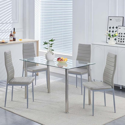 Glass Dining Table for 4, Modern 47" Clear Table with Chrome Silver Legs and Tempered Glass top for Kitchen, Small Space