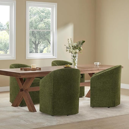 KISLOT Upholstered Dining Chairs with Casters, Washable Cover Modern Dining Room Chairs with Barrel Backrest & Dual Armrest for Kitchen, Living Room, Bedroom, Green Fabric, 4PCS