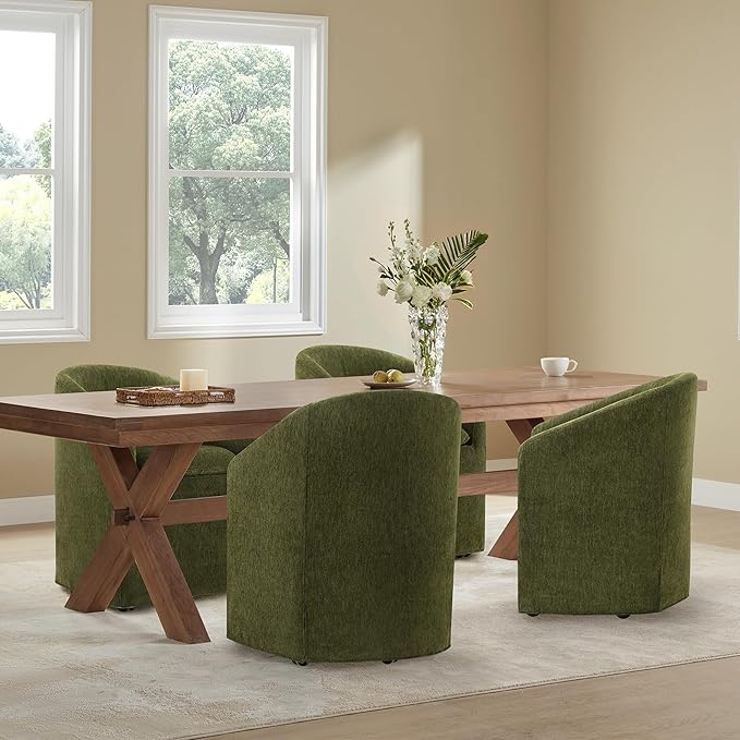 KISLOT Upholstered Dining Chairs with Casters, Washable Cover Modern Dining Room Chairs with Barrel Backrest & Armrest, Vanity Chair with Wheels for Kitchen, Living Room, Bedroom, Green Fabric, 1PCS