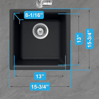 Houzer E-100 MIDNITE Quartztone Granite Series Bar Sink - Black Dual Mount 13 x 13 inch Single Bowl Sink, Durable Construction, Perfect for Kitchen or Food Prep