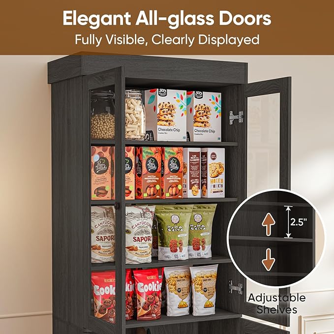 ivaniti 71" Tall Farmhouse Kitchen Pantry, Rustic Large Storage Cabinet with Glass Doors, Adjustable Shelves, Wood Versatile Hutch Cabinet for Dining Room, Living Room, Black