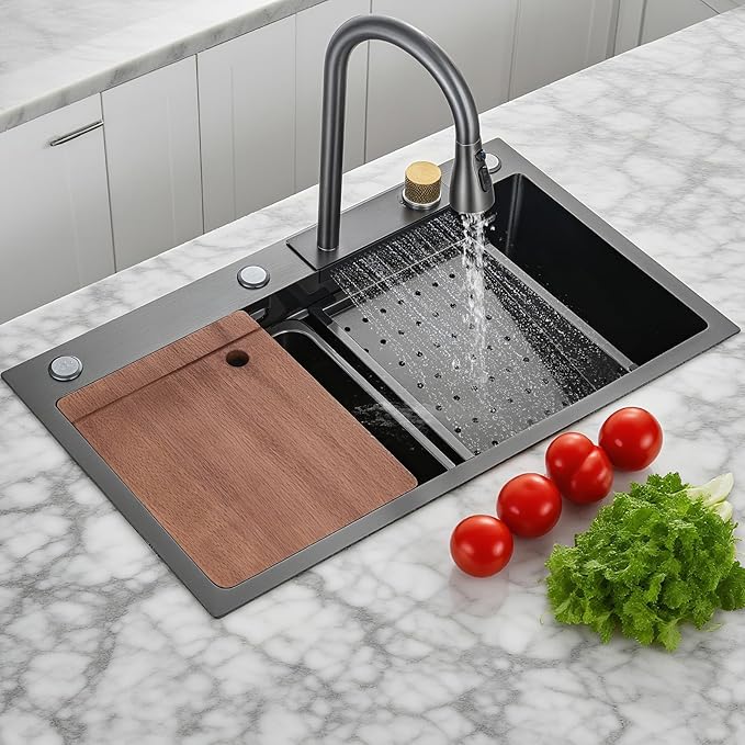 30" Black Drop In Waterfall Kitchen Sink Workstation Single Bowl Stainless Steel Honeycomb Waterfall Sink Modern and Highly Durable Multifunctional Top Mount Kitchen Sinks with Pull-Down Faucet