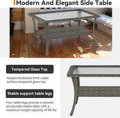 Outdoor Coffee Table - Patio Rattan Wicker Coffee Table with Tempered Glass Top and 2-Tier Storage Outdoor Table for Deck Porch Balcony Garden - Grey