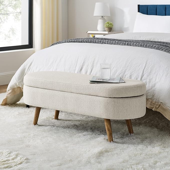 Modern Ottoman Bench with Storage - Versatile Bedside Pouf, Footstool, Toy Storage Ottoman for Bedroom, Living Room, Hallway Entryway, Multi-Use Furniture,Beige-Linen