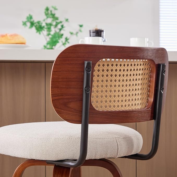 Set of 2 26 Inch Counter Height Bar Stools Walnut Black, Cane Rattan Back, Beige Linen Upholstered Seat, Swivel for Kitchen Island,Bar,Counter,SW1766BG