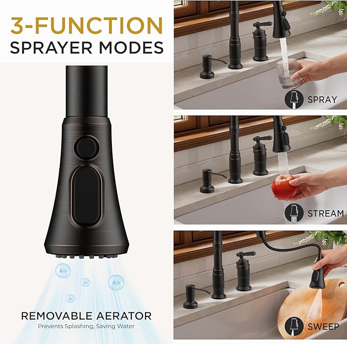 FORIOUS 2 Hole Kitchen Faucet with Pull Down Sprayer, Stainless Steel Rustic Kitchen Sink Faucet 3 Spray Modes with Single Seperate Handle, Suitable for Farmhouse Outdoor Rv Bar, Oil Rubbed Bronze