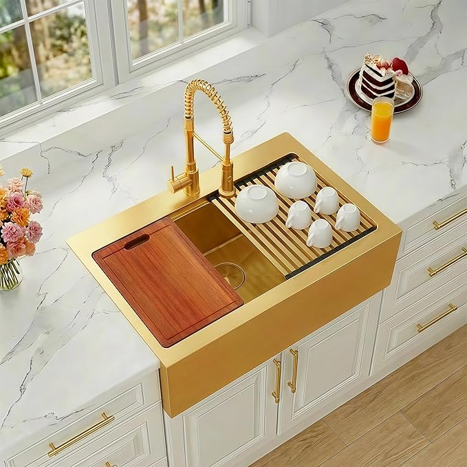 36 Inch Farmhouse Gold Sink, 16 Gauge 304 Stainless Steel Farm Sinks, Drop In Topmount Single Bowl Workstation Sink with all Accessories, 36" x 22" x 10" Large and Deep Kitchen Sink