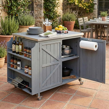 JIJIWANG 42.1" Outdoor Kitchen Island with Stainless Steel Top and Side Shelf, Outdoor Grill Cart with Storage Cabinet and Adjustable Shelves, Kitchen Cart on Wheels for Small Spaces Grey Blue
