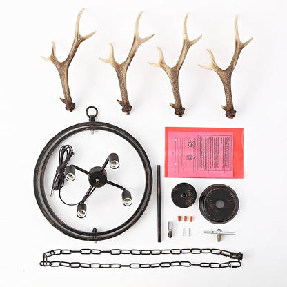 Farmhouse Antler Pendant Light – 19.3"x18.1" Metal Globe and Resin Antlers, E12 Base, Brown Indoor Hanging Light for Kitchen Dining Room
