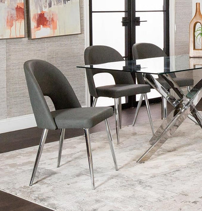 Sunset Trading Mia Faux Leather Dining Chair | Polished Chrome Silver Tapered Legs | Charcoal Gray Padded Seat with Arched Open Back | Set of 2 | Contemporary, Mid-Century Modern Kitchen Sidechairs