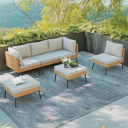 Aoxun 6 Piece Patio Furniture Set, 6 Seats Outdoor Sectional Sofas with Thick Cushion, Wicker Outdoor Patio Furniture Set with Ottomans for Party, Garden, Backyard, Grey